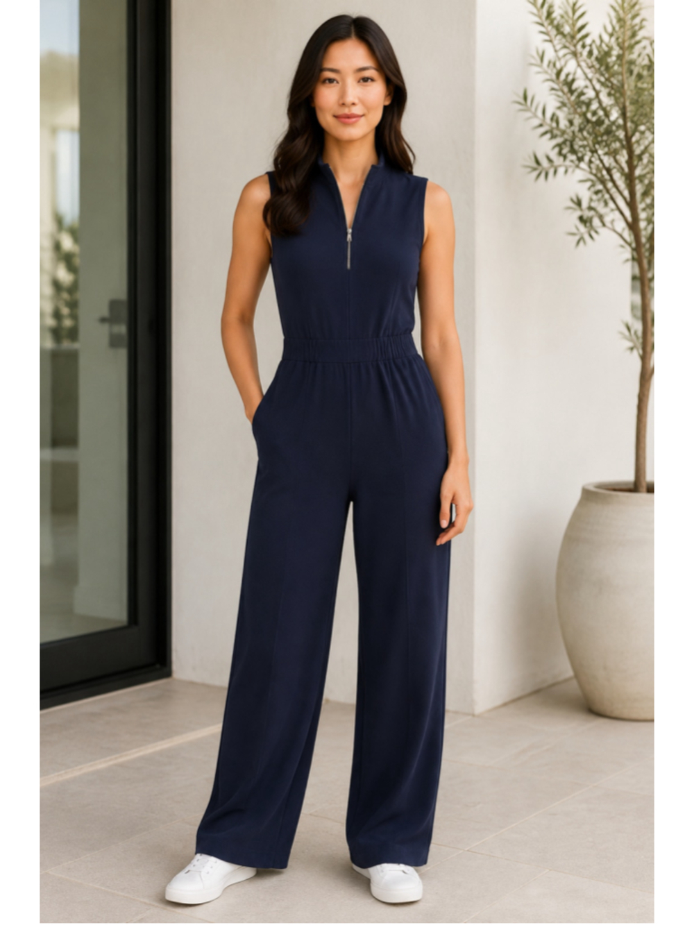SPANX Women’s XS Petite Navy Blue Sleeveless Zip-Front Wide-Leg Jumpsuit